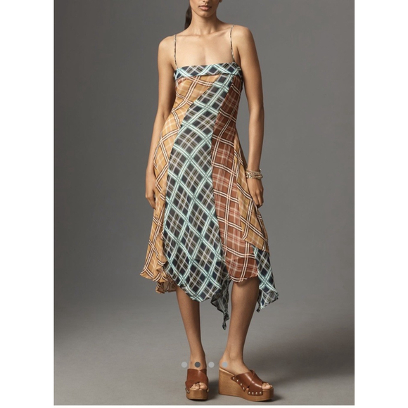 NWT Anthropologie Maeve Asymmetric Plaid Mix Midi Dress Size:S MSRP:$198 - Picture 2 of 7